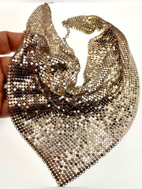 Vintage 1970s Whiting & Davis Silver Tone Mesh Bib Scarf Necklace Signed
